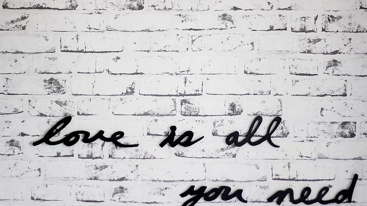 white background with love is all you need text overlay, monochrome, black, white, text, quote, love, The Beatles, wall, bricks, lyrics, music, HD wallpaper