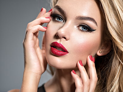  girl, face, model, hands, makeup, lipstick, blonde, red, manicure, HD wallpaper HD wallpaper