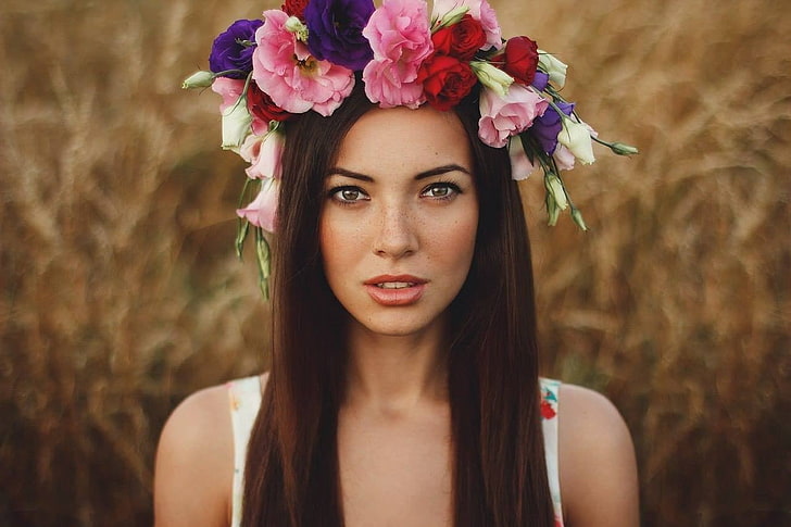 Ukrainian, women, wreaths, brunette, flowers, women outdoors, face, model, HD wallpaper