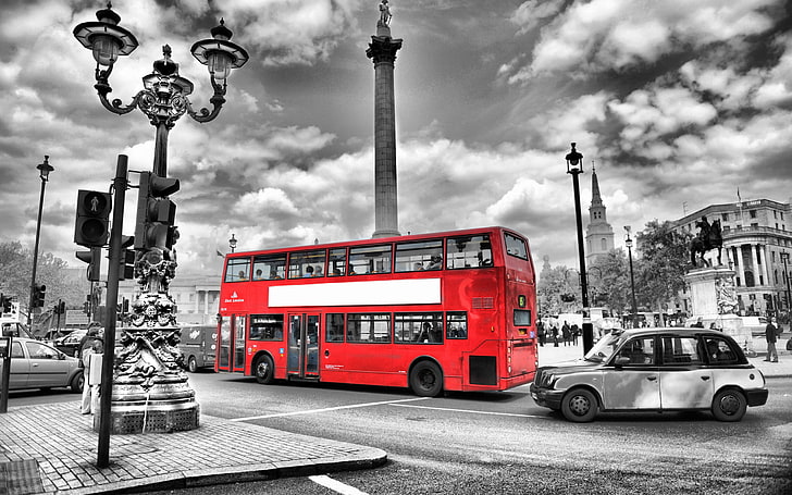 black, blur, bus, city, england, lights, london, night, road, street, white, HD wallpaper