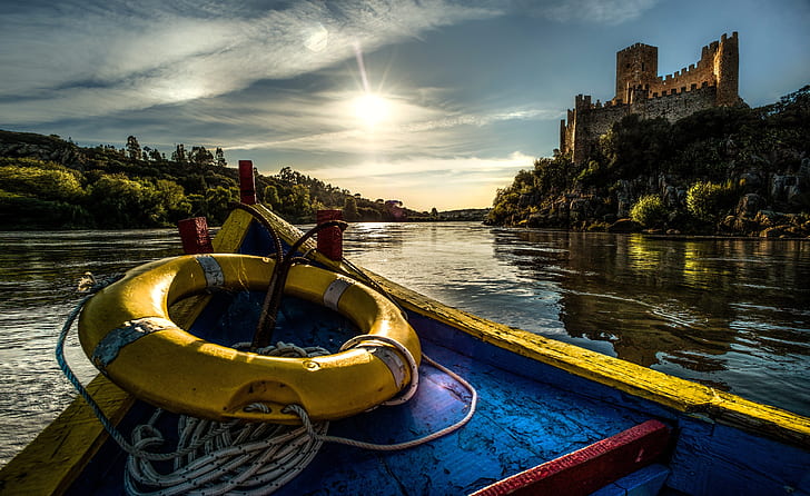 sungai, kastil, perahu, Portugal, jalur kehidupan, Sungai Tagus, sungai Tagus, Kastil Almourol, Almourol, Wallpaper HD