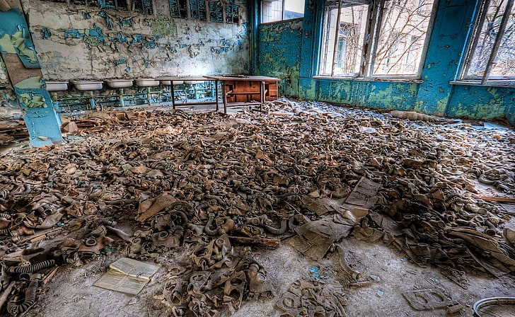 apokaliptik, topeng gas, Chernobyl, kehancuran, ditinggalkan, Wallpaper HD