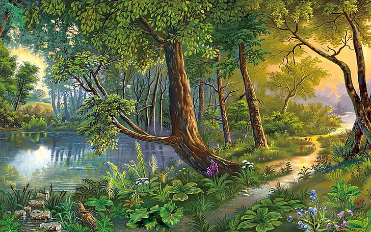 Красив пейзаж, Природа Арт Река, Дървета, Цветя Hd Wallpaper 662918, HD тапет