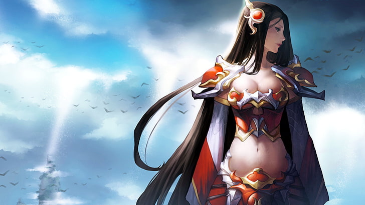 weibliche Anime-Figur in orangefarbener Rüstung, Irelia, League of Legends, Rüstung, HD-Hintergrundbild