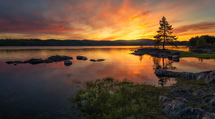 forest, sunset, lake, hills, Norway, Ringerike, Ole Henrik Skjelstad, HD wallpaper