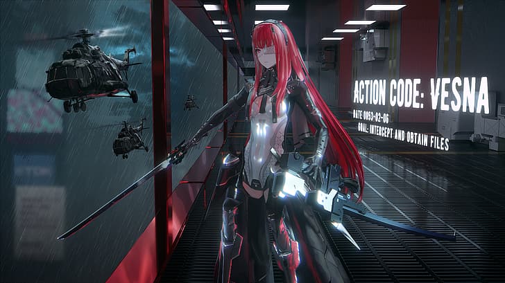 anime, gadis anime, Seymour, berambut merah, Punishing: Grey Raven, cyborg, helikopter, Wallpaper HD