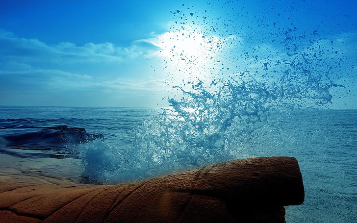 ทะเล, น้ำกระเซ็น, สีฟ้า, น้ำ, ขอบฟ้า, ดวงอาทิตย์, แสงแดด, วอลล์เปเปอร์ HD