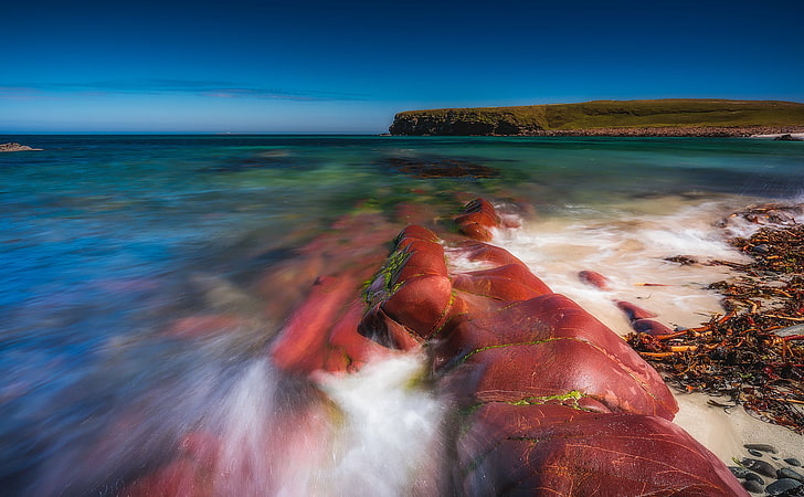 fotografia de longa exposição do corpo de água, mar, costa, rocha, natureza, HD papel de parede