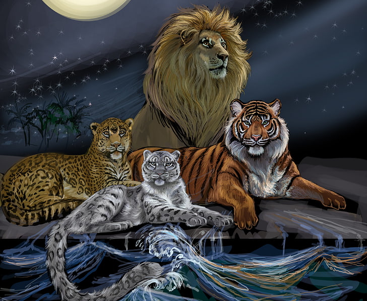 papel de parede digital da família felina, onda, animais, o céu, olhar, água, tigre, a lua, predadores, leão, arte, leopardo, juba, o rei dos animais, leopardo da neve, pintura, HD papel de parede