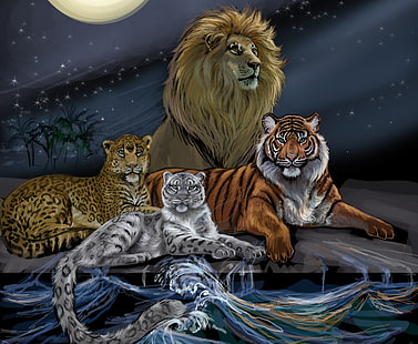 fondo de pantalla digital de la familia felina, ola, animales, el cielo, mirada, agua, tigre, la luna, depredadores, Leo, arte, leopardo, melena, el rey de las bestias, leopardo de las nieves, pintura, Fondo de pantalla HD HD wallpaper