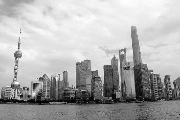 asia, black and white, buildings, china, city, cityscape, downtown, high rises, port, river, shanghai, sky, skyline, skyscrapers, urban, HD wallpaper