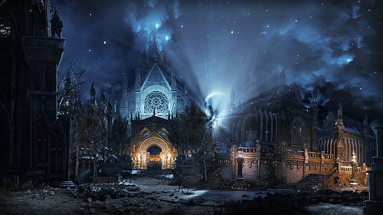 сив замък, Dark Souls, Dark Souls III, Irithyll, нощ, видео игри, HD тапет HD wallpaper