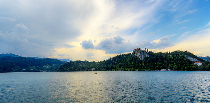 green island under blue cloudy sky, green island, blue, cloudy, sky, slovenia, landscape, clouds, vivid, nature, architecture, castle, sunset, drama, evening, forest, colors, mountain, lake, asia, water, summer, travel, HD wallpaper