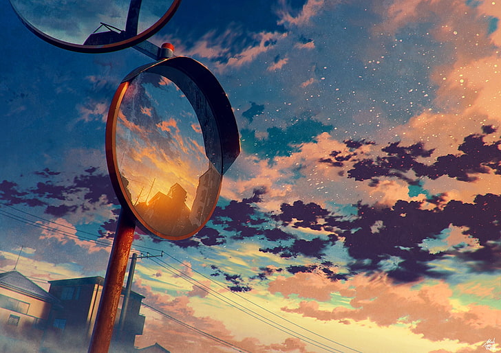 аниме небо, зеркало, облака, живописные, аниме, HD обои