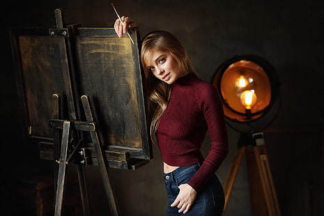 women's red turtleneck sweater, girl, easel, Katerina, Dmitry Arhar, HD wallpaper HD wallpaper