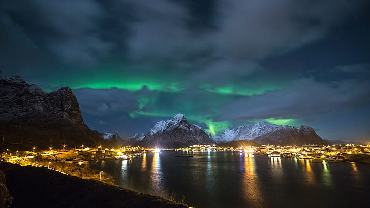 Noruega, Ilhas Lofoten, noite, luzes do norte, costa, luzes, Noruega, Lofoten, Ilhas, noite, luzes do norte, costa, luzes, HD papel de parede