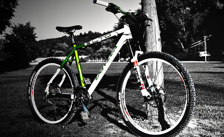 Mountain Bike, white and green hardtail bicycle, Sports, Biking, Mountain, bike, HD wallpaper