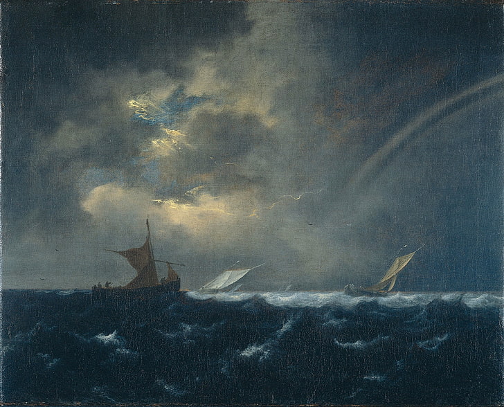 Fırtına, sanat, jacob van ruisdael, luminos, fırtına, deniz, tekne, gemi, resim, pictura, HD masaüstü duvar kağıdı