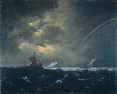Burza, sztuka, Jacob van Ruisdael, Luminos, burza, morze, łódź, statek, obraz, pictura, Tapety HD HD wallpaper