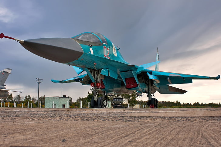 teal Sukhoi Su-27, Parkir, bomber, lapangan terbang, Su-34, Wallpaper HD