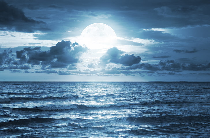 white moon above body of water, sea, the sky, clouds, landscape, the ocean, sky, ocean, midnight, beautiful nature, Moonlight, Full moon, dramatic scene, HD wallpaper