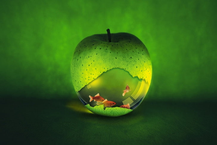 ilustracja zielone jabłko i pomarańczowe ryby, zwierzę, złota rybka, jabłko, ryba, surrealistyczne, Tapety HD