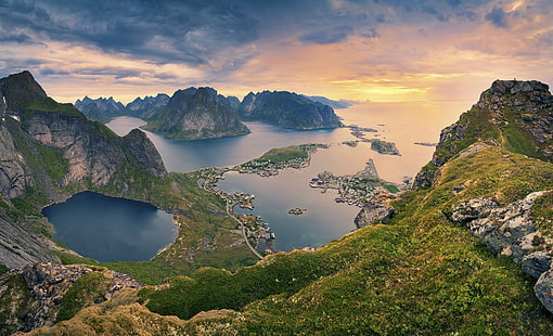 Lofoty, morze, lofoty norwegia, norwegia, domy, góry, morze, wieś, Lofoty, przyroda, zbocze, Tapety HD HD wallpaper