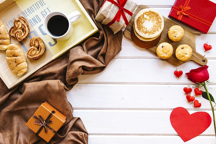 amore, regalo, rose, colazione, rosso, cuore, torte, romantico, tazza di caffè, san valentino, croissant, crescita, una tazza di caffè, confezione regalo, Sfondo HD