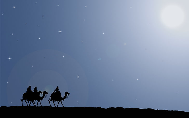 silhouette of three kings, road, the way, star, Christmas, gifts, camels, Journey, the Magi, Bethlehem, HD wallpaper