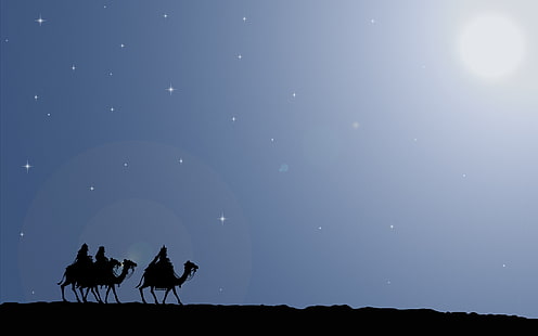 silueta de tres reyes, camino, camino, estrella, navidad, regalos, camellos, viaje, los magos, belén, Fondo de pantalla HD HD wallpaper