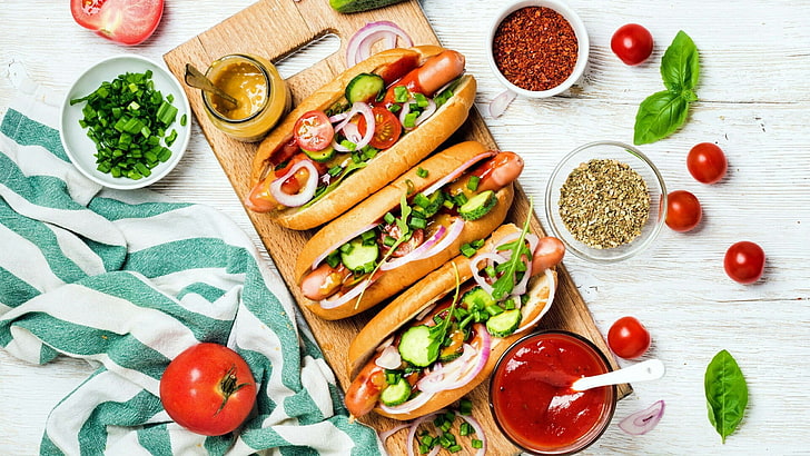 makanan, sayur, hidangan, masakan, makanan ringan, salad, makanan cepat saji, sandwich, makanan Amerika, hot dog, sosis, Wallpaper HD