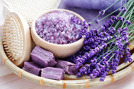 Grani viola, lavanda, sale marino, fiori di lavanda, sapone di lavanda, Sfondo HD HD wallpaper