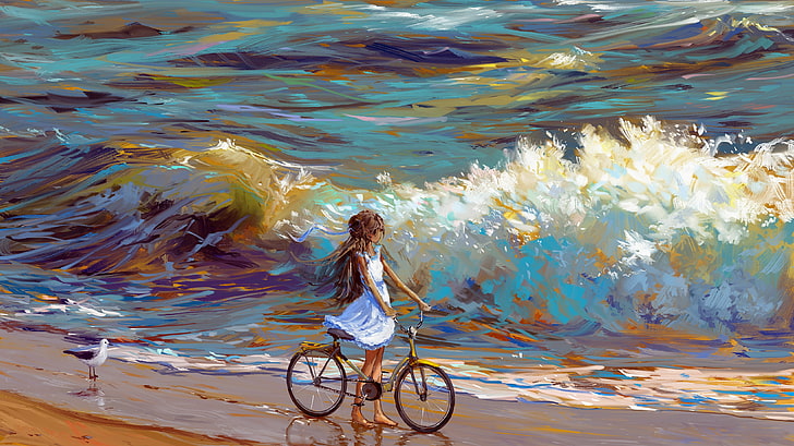 woman riding bike near shore painting, artwork, illustration, sea, bicycle, waves, Alexander Komarov, HD wallpaper