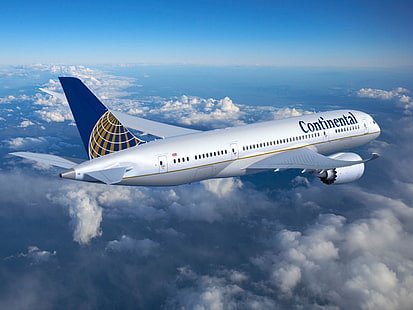 Continental Airlines, blue and white Continental commercial airplane, Aircrafts / Planes, Commercial Aircraft, sky, plane, aircraft, HD wallpaper HD wallpaper