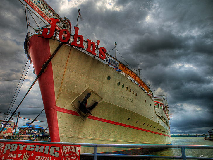 brown and red boat on dock under gray sky, red, boat, dock, toronto, lake, sky, clouds, water, hdr, dex, soe, flickr, flicker, flikr, flick, collection, colours, colour, colors, color, pages, photoshop, google, yahoo, msn, beauty, beautiful, brilliant, sensational, amazing, best, top, hot, photography, photograph, photos, photo, exposure, pics, pix, pic, images, image, screen,savers, clip,art, thumbnails, thumb, digital  graphics, dt, sea, nautical Vessel, HD wallpaper