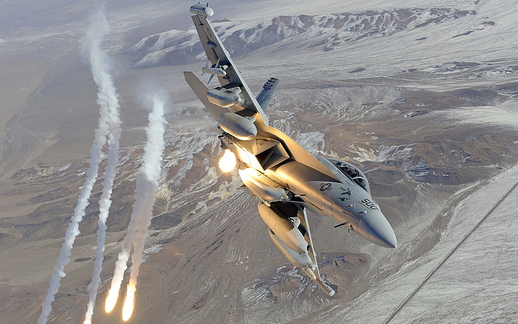 airplane, military, flares, F/A-18 Hornet, aircraft, US Air Force, EA-18G, Boeing EA-18G Growler, military aircraft, HD wallpaper
