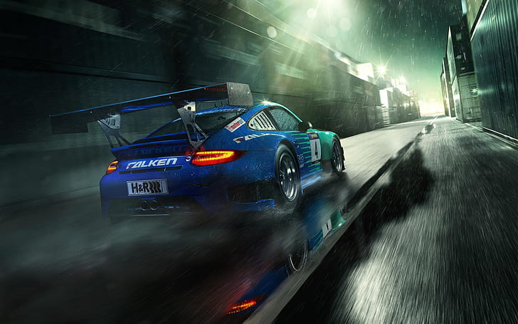 Vista posterior del superdeportivo azul Porsche 911 GT3, gotas de lluvia, Porsche, Azul, Supercar, Volver, Ver, lluvia, gotas, Fondo de pantalla HD