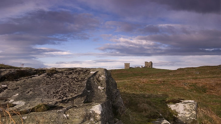 landscape, nature, architecture, clouds, Scotland, castle, ruin, rock, field, grass, UK, HD wallpaper