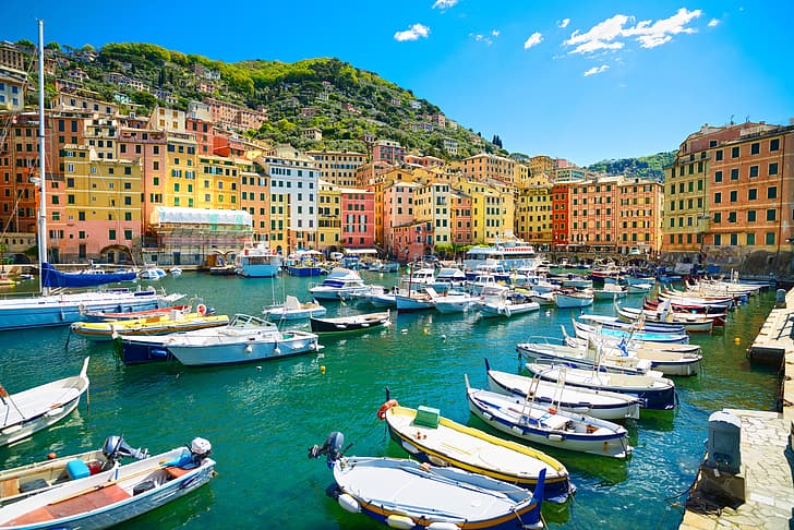 sea, beach, shore, boats, Italy, travel, Camogli, Liguria, basilica, HD wallpaper