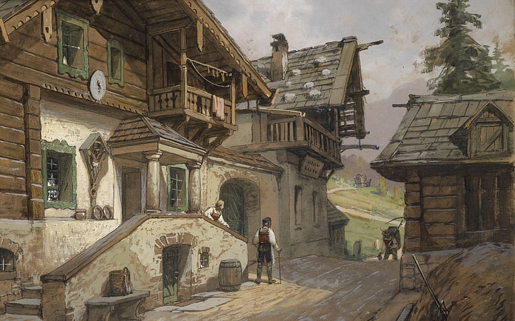 1935, Georg Janny, George Gianni, 오스트리아 화가, 알프스 마을 거리, 알프스 마을 도로, 오스트리아 풍경 화가, HD 배경 화면