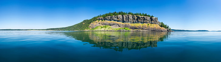 panoramas, island, cliff, forest, lake, water, blue, green, nature, landscape, reflection, HD wallpaper