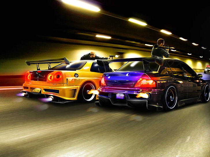 yellow and blue cars illustrations, machine, weapons, tunnel, tuning cars, bandyuki, HD wallpaper