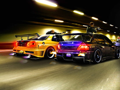 ilustraciones de autos amarillos y azules, máquina, armas, túnel, tuning cars, bandyuki, Fondo de pantalla HD HD wallpaper