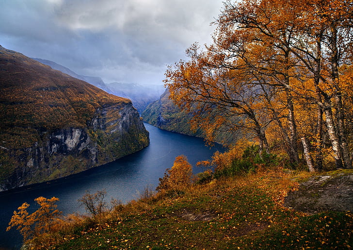 природа, пейзаж, фиорд, Норвегия, падане, дървета, трева, планини, облаци, Geiranger, HD тапет
