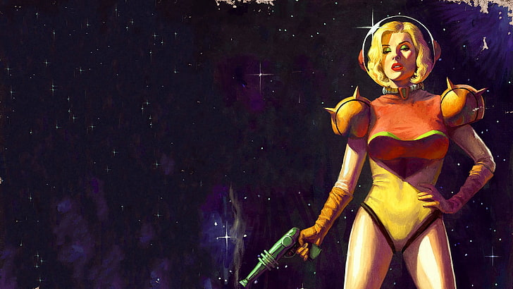 жена с илюстрация на пистолет, Самус Аран, Metroid, научна фантастика, ретро научна фантастика, HD тапет
