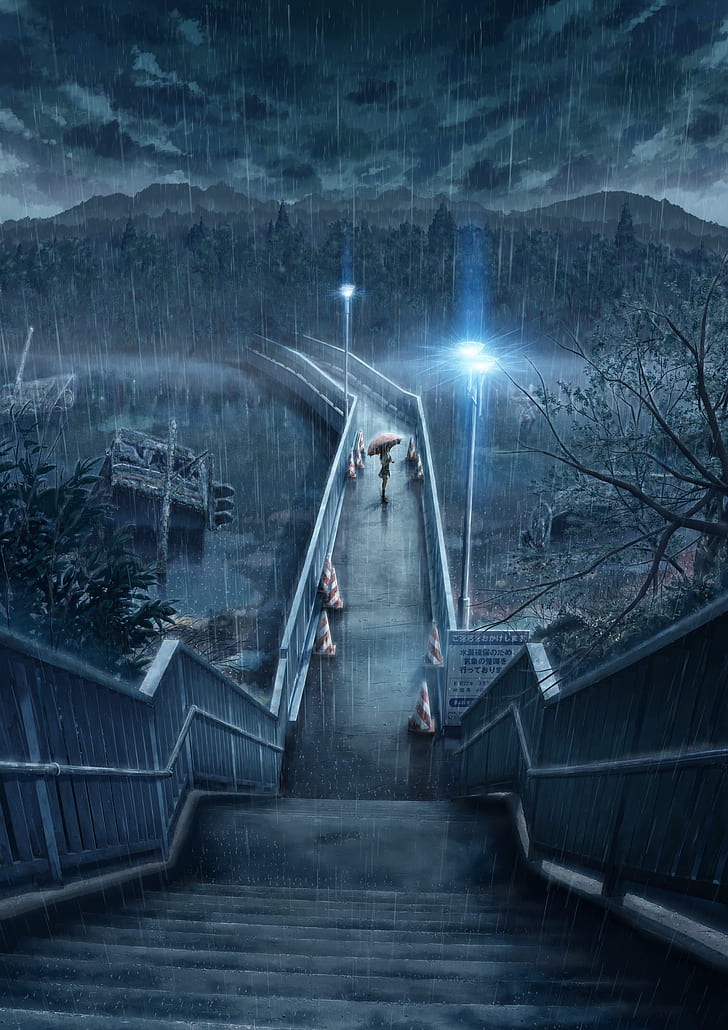 regn ensamma broar natursköna anime paraplyer 2500x3536 Arkitektur Broar HD konst, ensam, regn, HD tapet, telefon tapet