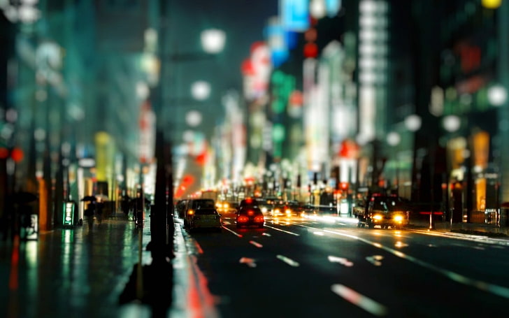 route goudronnée grise, chaussée pendant la nuit, tilt shift, paysage urbain, nuit, route, Fond d'écran HD
