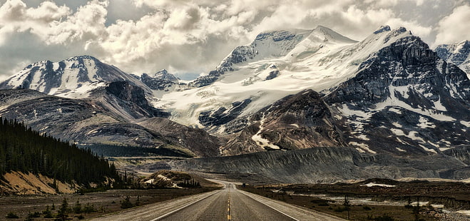 фотография горы и дороги, природа, пейзаж, горы, дорога, панорамы, снежная вершина, облака, альберта, лес, канада, HD обои HD wallpaper