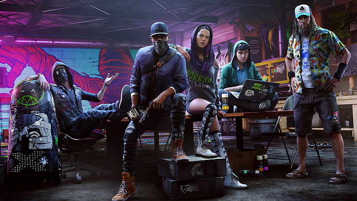 man in blue shirt and blue cap sitting on table wallpaper, band illustration, Watch_Dogs, video games, .Hack, Watch_Dogs 2, HD wallpaper