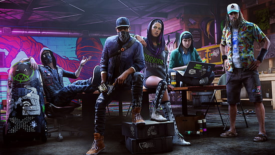 man in blue shirt and blue cap sitting on table wallpaper, band illustration, Watch_Dogs, video games, .Hack, Watch_Dogs 2, HD wallpaper HD wallpaper